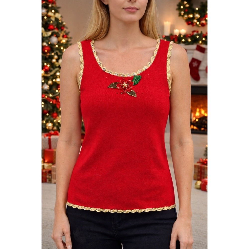 Just B Red Beaded Floral Tank Top Gold Trim Y2K Holiday Festive Cottagecore L
